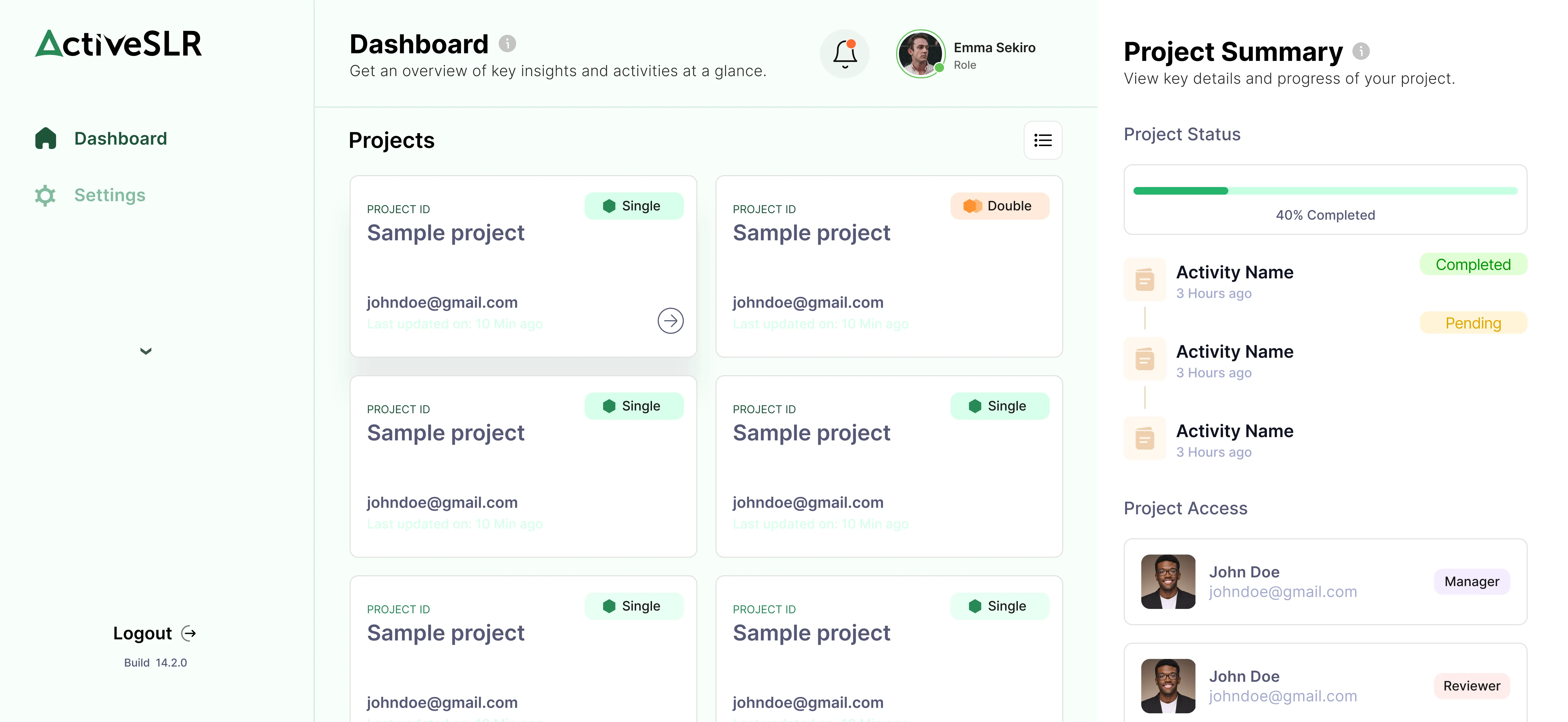 ActiveSLR project dashboard showing study overview and progress metrics